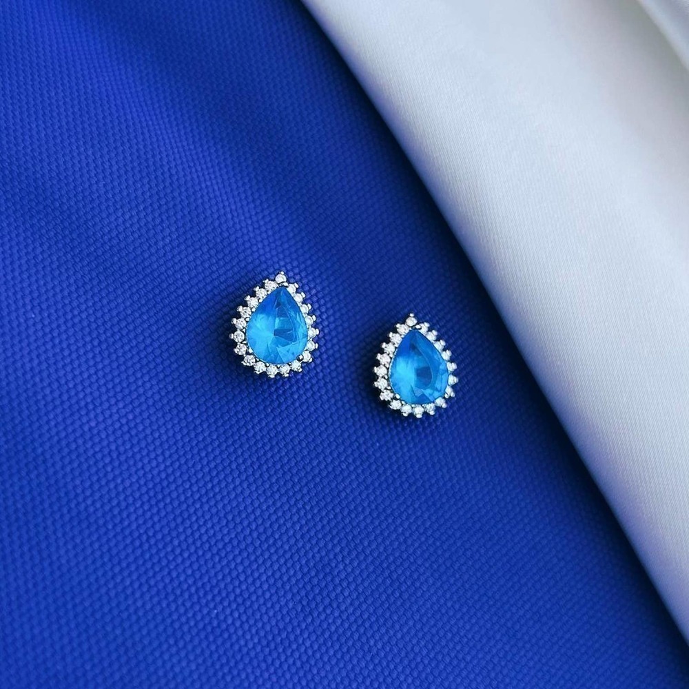Pear bridal stud earrings with CZ and blue topaz - Sterling Silver 925 - Picture 4 of 5